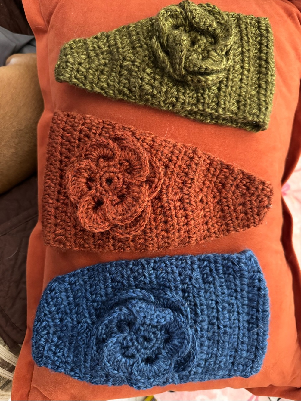 Handcrafted Crochet Flower Headbands - Olive, Rust, Navy